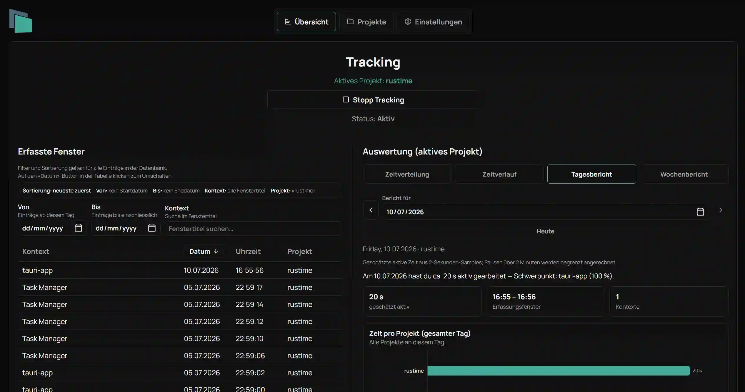 Screenshot des Rustime Projekts